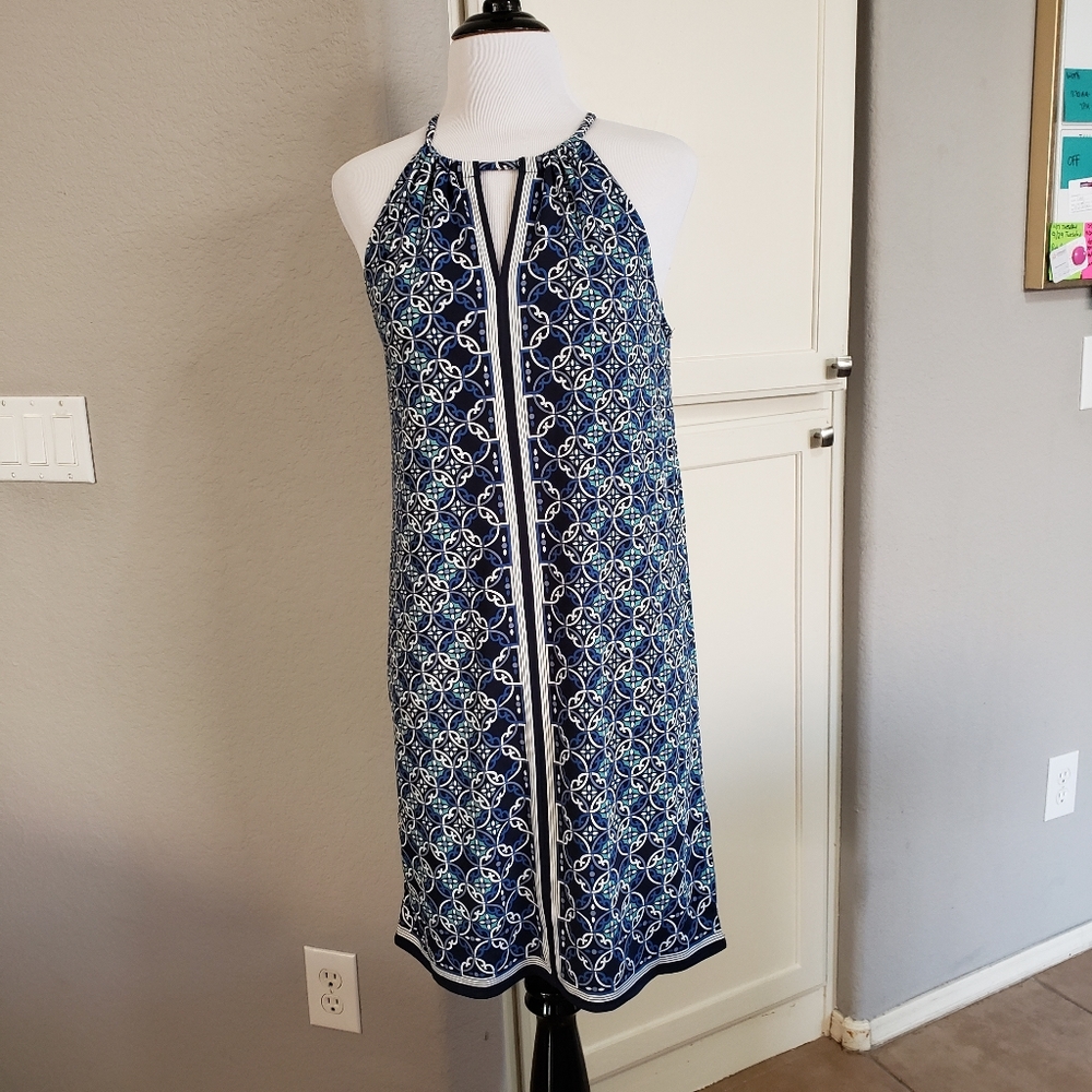Max Studio Blue White Sleeveless Keyhole Halter Shift Dress Women Extra Small